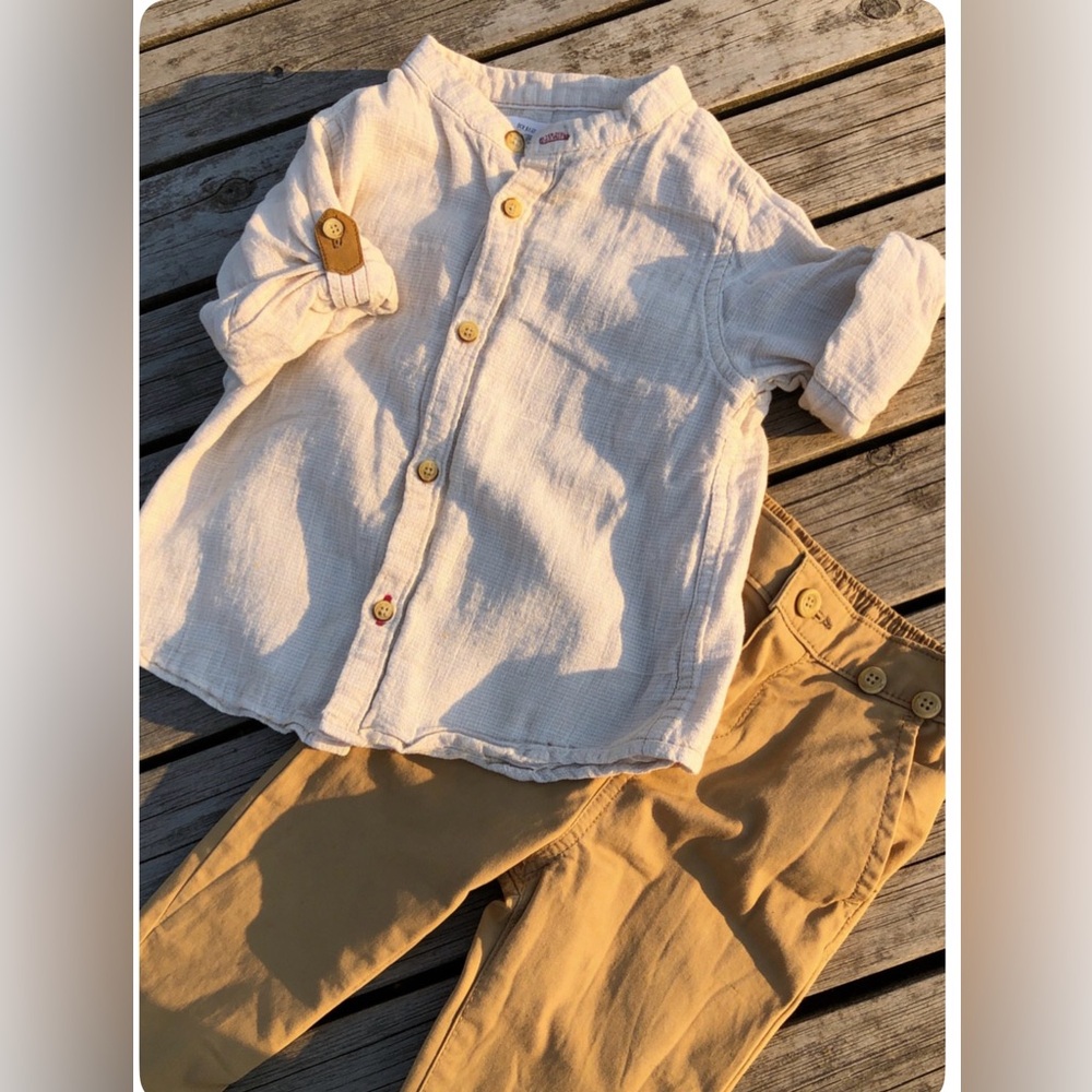 White Button-Up Shirt and Tan Pants Set